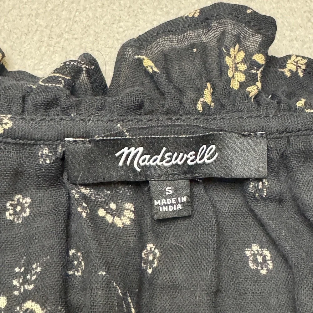 Madewell Top Womens Small Black Floral Cotton Ruffle Neck Short Puff Sleeve